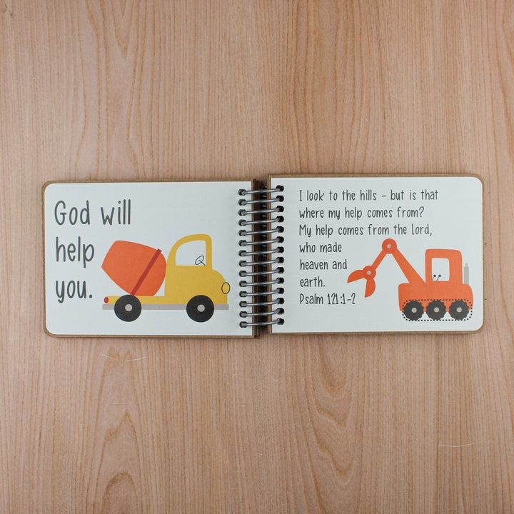 Blue background with concrete truck and excavator. Text says 'God will help you' and Psalm 121:1-2 on facing page.