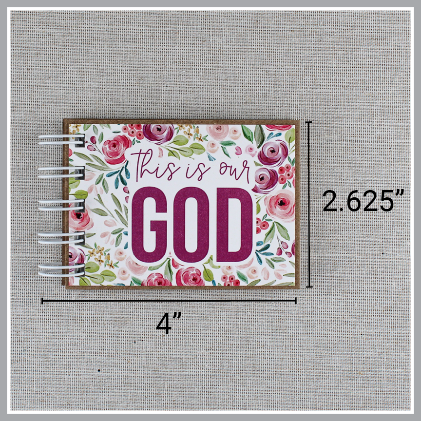 Dimensions of God's attributes book spiral bound in Pastel Floral style with pink and purple floral background. Book is 4" wide by 2.625" tall.