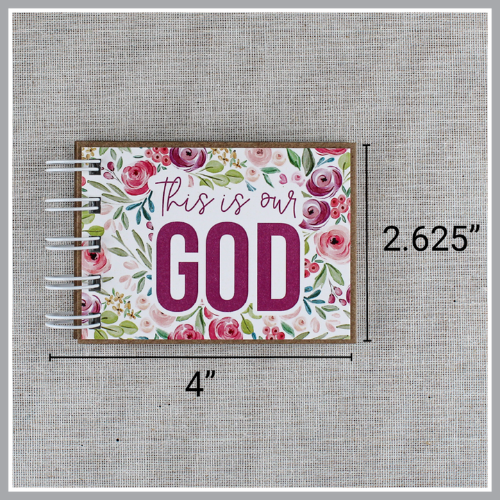 Dimensions of God's attributes book spiral bound in Pastel Floral style with pink and purple floral background. Book is 4" wide by 2.625" tall.