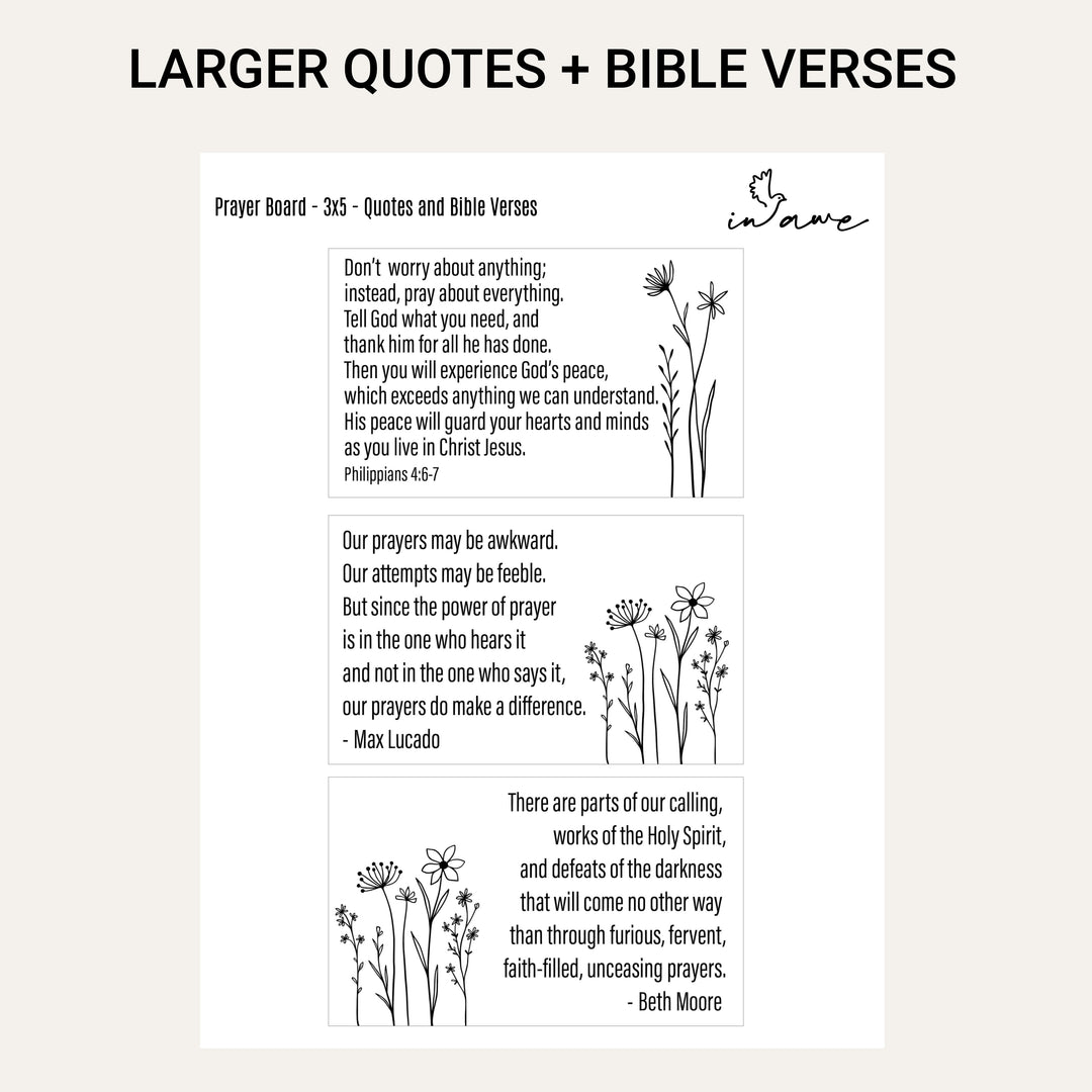 Larger printable Bible verses and prayer quotes with simple Wildflower illustrations for a DIY prayer board.