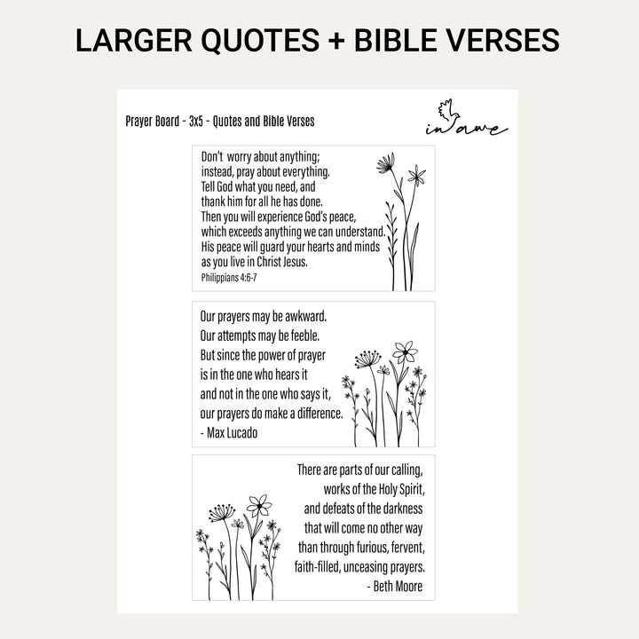 Larger printable Bible verses and prayer quotes with simple Wildflower illustrations for a DIY prayer board.