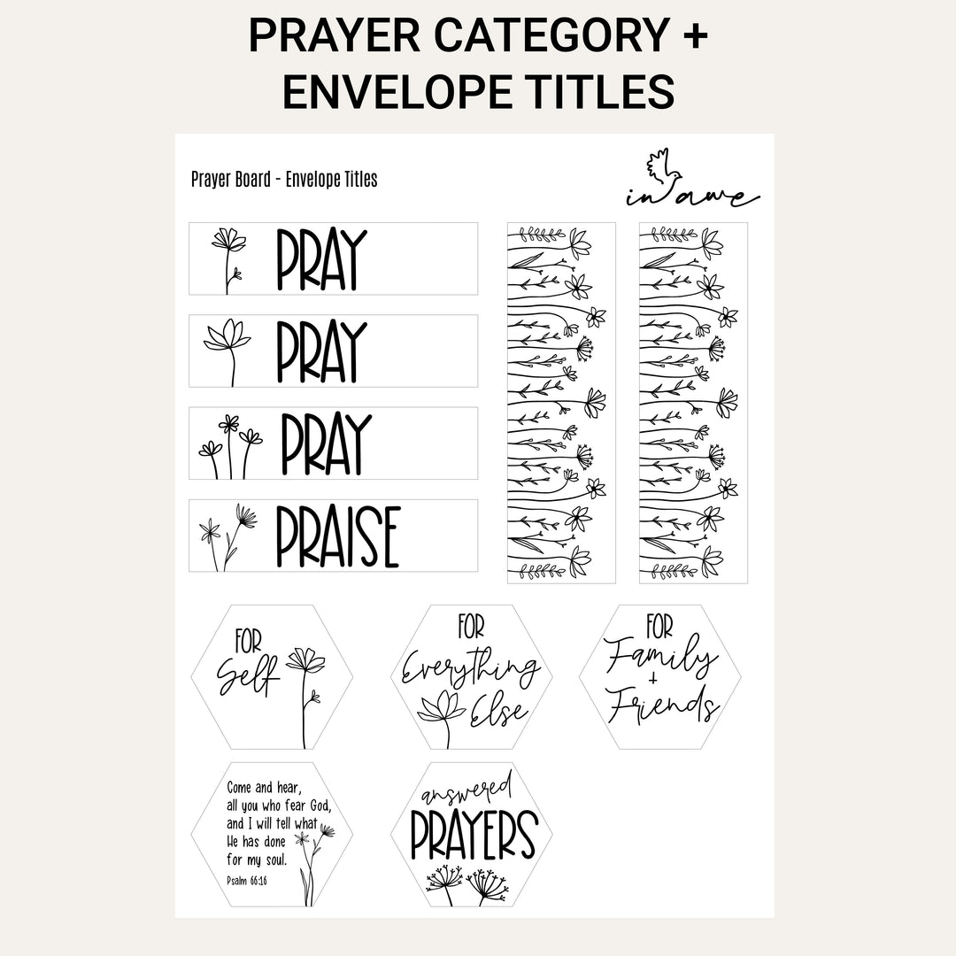 Printable PRAY and PRAISE envelope titles with prayer categories for self, family, friends and answered prayers