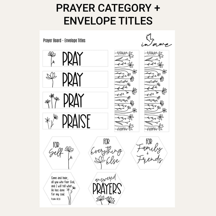 Printable PRAY and PRAISE envelope titles with prayer categories for self, family, friends and answered prayers