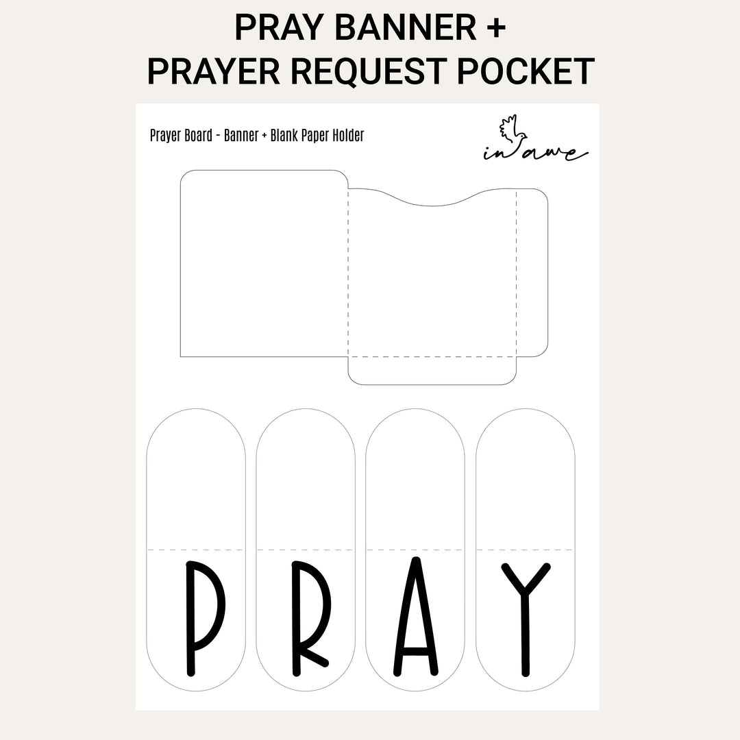 Printable PRAY banner and foldable prayer request pocket included with the Wildflower prayer board download.