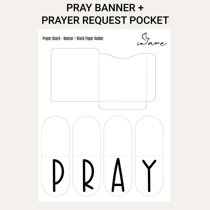 Printable PRAY banner and foldable prayer request pocket included with the Wildflower prayer board download.