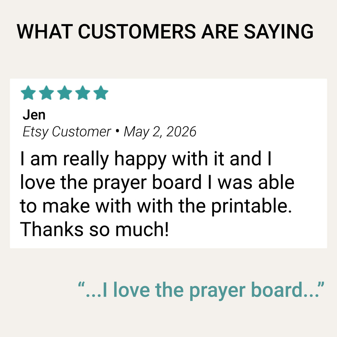 Five-star customer review from a shopper who created and loved her prayer board using the Wildflower printable.
