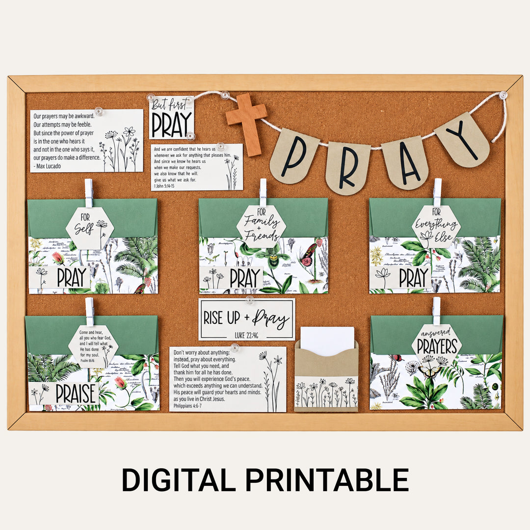 Finished Wildflower prayer board created with the printable download, envelopes, Bible verses, prayer quotes and PRAY banner