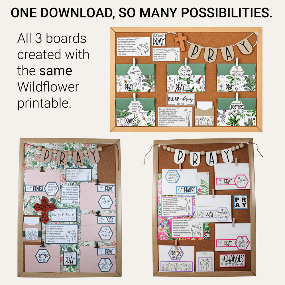 Three different DIY prayer board ideas created using the same Wildflower prayer board printable.