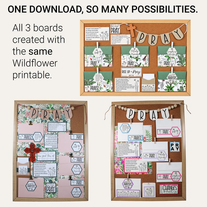 Three different DIY prayer board ideas created using the same Wildflower prayer board printable.