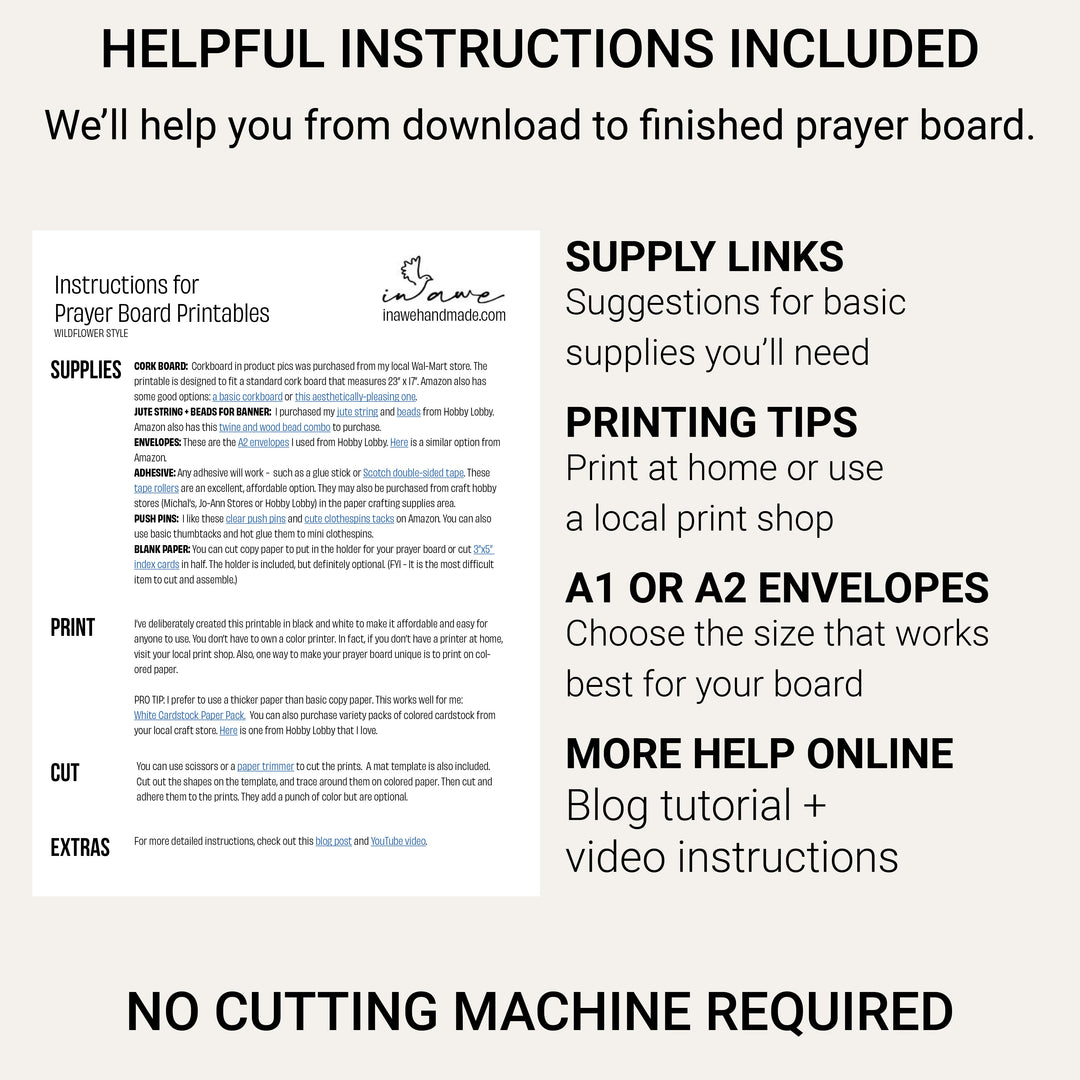 Prayer board printable instruction sheet with supply links, printing tips, envelope guidance, blog tutorial and video help.