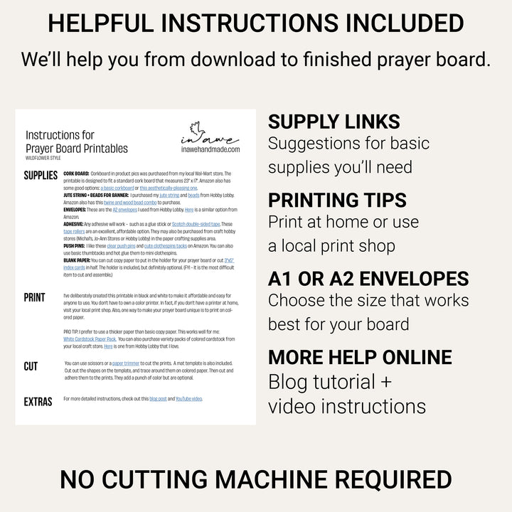 Prayer board printable instruction sheet with supply links, printing tips, envelope guidance, blog tutorial and video help.