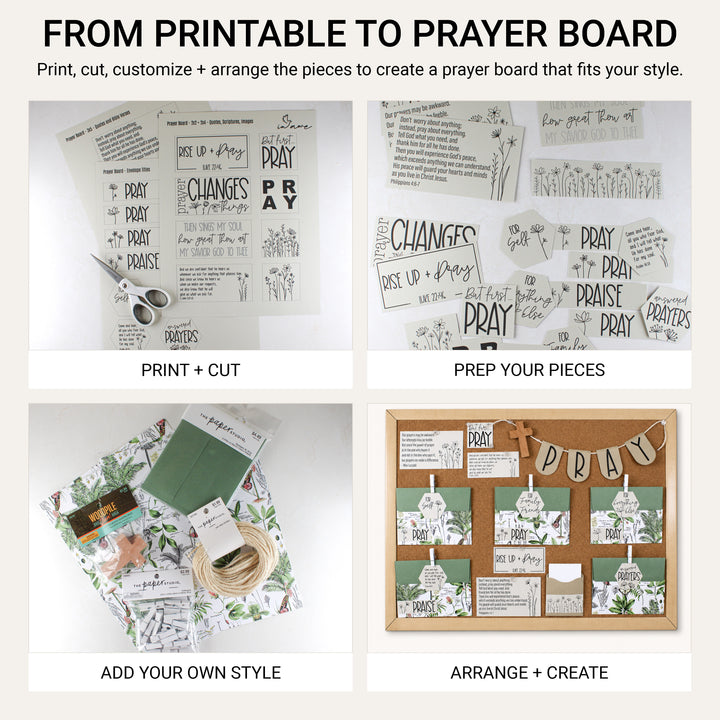 DIY prayer board process showing how to print, cut, customize and arrange the Wildflower printable pieces.