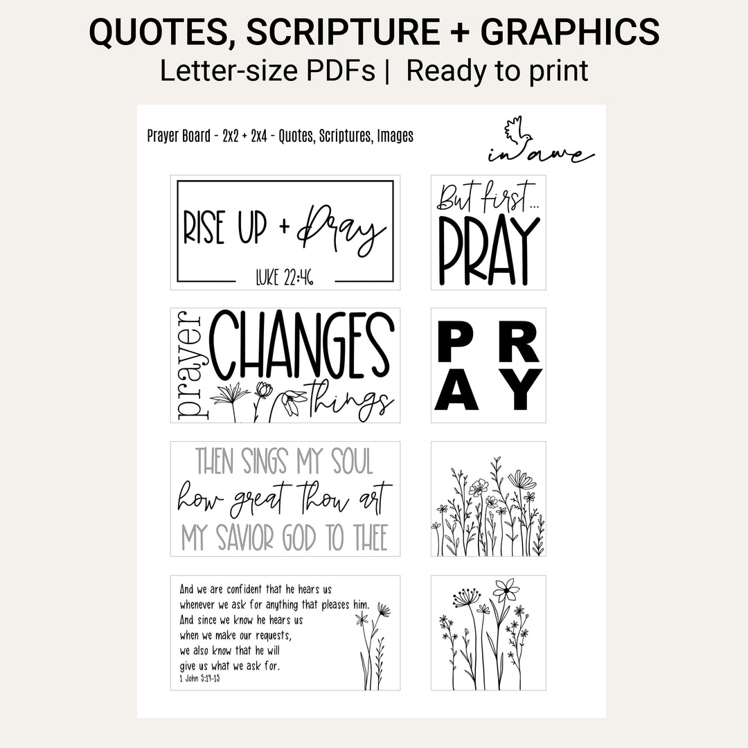 Printable prayer board quotes, Scripture, prayer sayings and Wildflower graphics on a US Letter PDF page.