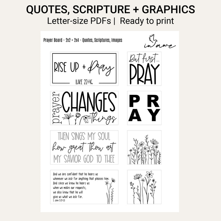 Printable prayer board quotes, Scripture, prayer sayings and Wildflower graphics on a US Letter PDF page.