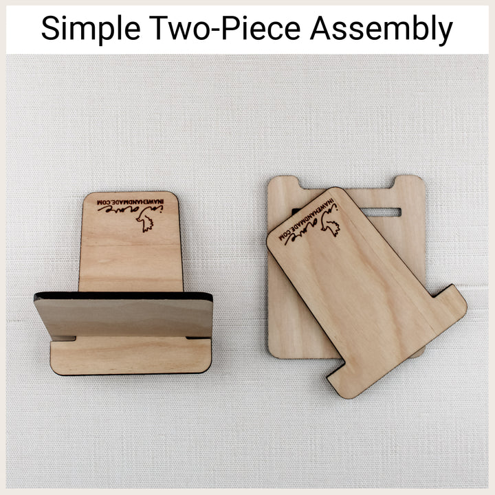 Assembled wood easel beside its two separate interlocking pieces, showing simple assembly and flat storage.