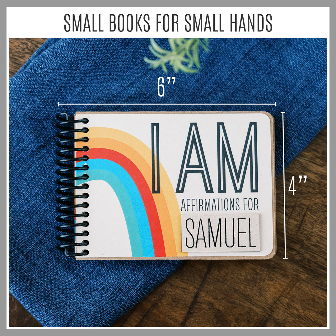Non-personalized Rainbow I AM affirmation book for ages 4–7 measuring approximately 6 by 4 inches.